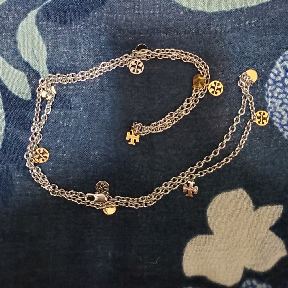 Tory Burch Extra Long Silver and Gold Emblem Neckl